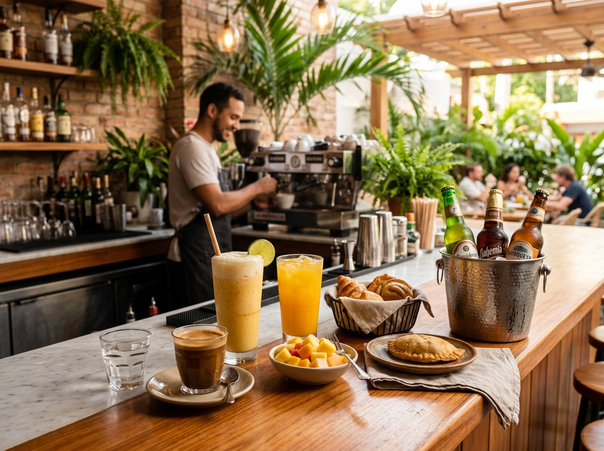 Café, batidas y jugos servidos en la barra de Ta Jevi