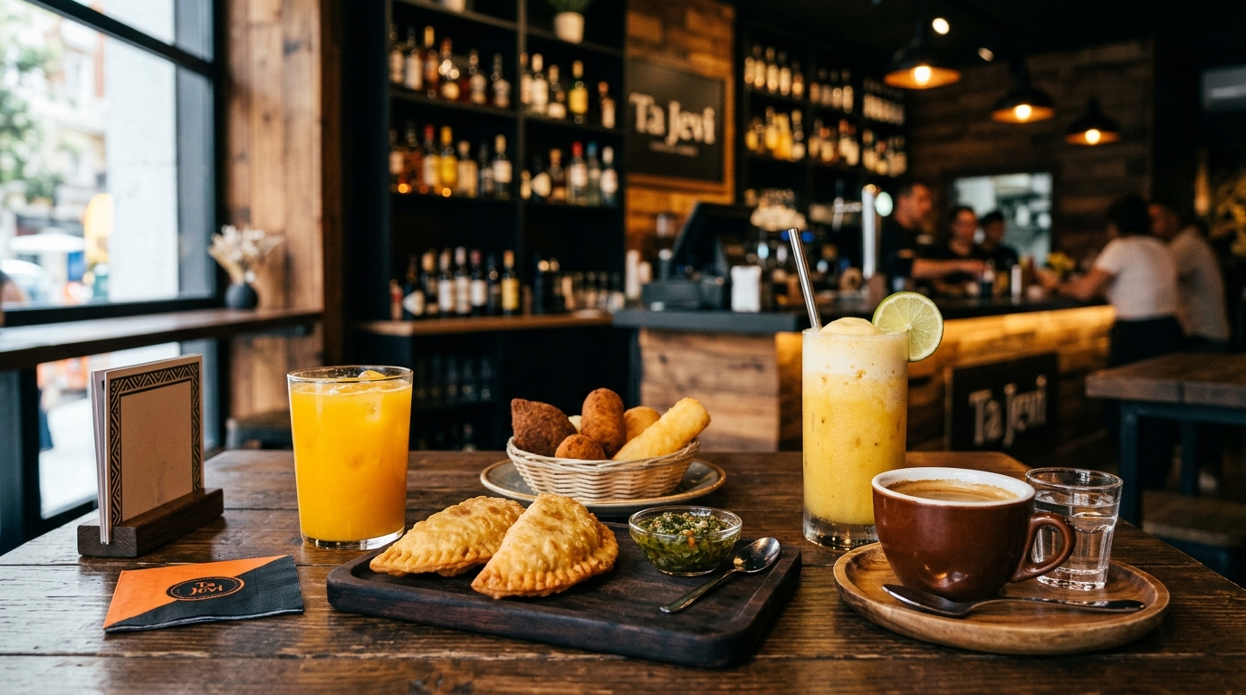 Mesa dominicana con café, batida y platos de Ta Jevi