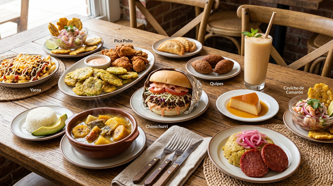 Selección de platos, bebidas y postres dominicanos de Ta Jevi